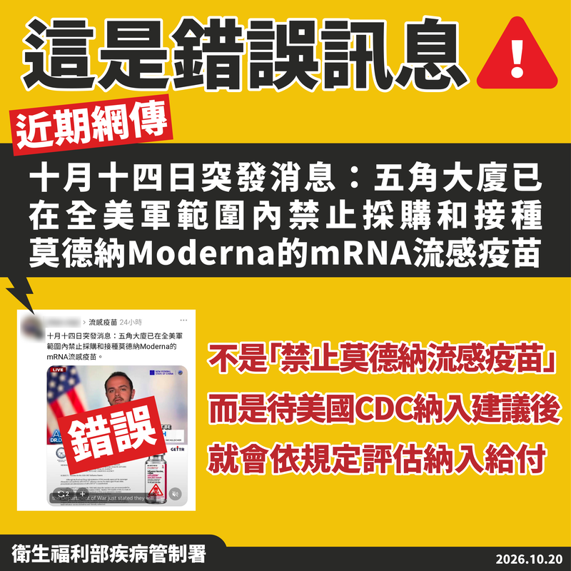 疾管署澄清網路謠言：莫德納mRNA流感疫苗未遭美國防部禁用