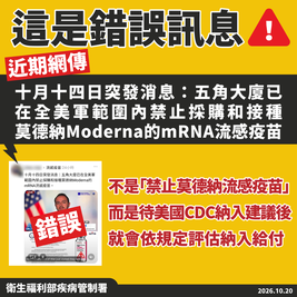疾管署澄清網路謠言：莫德納mRNA流感疫苗未遭美國防部禁用